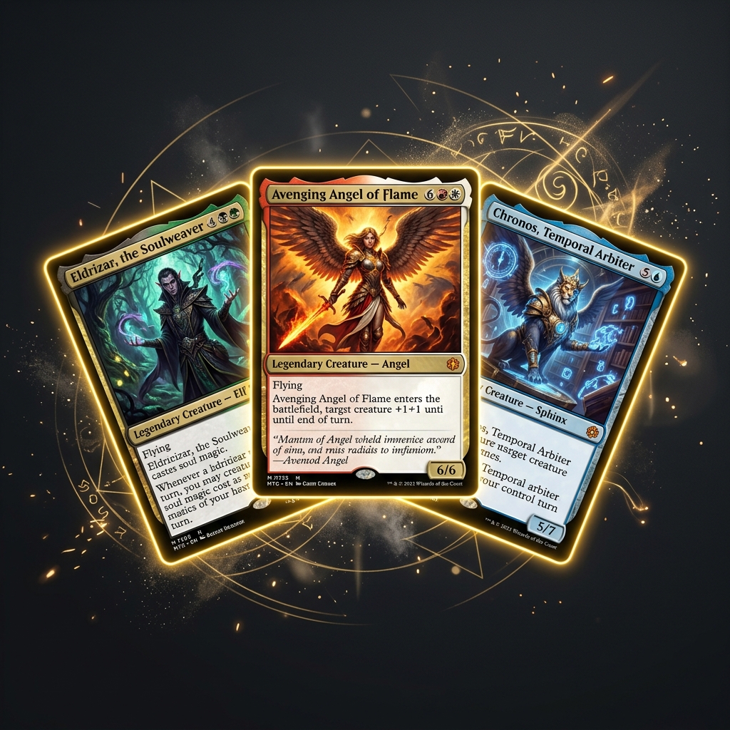 Premium MTG card showcase featuring glowing holographic proxy cards floating on a dark background